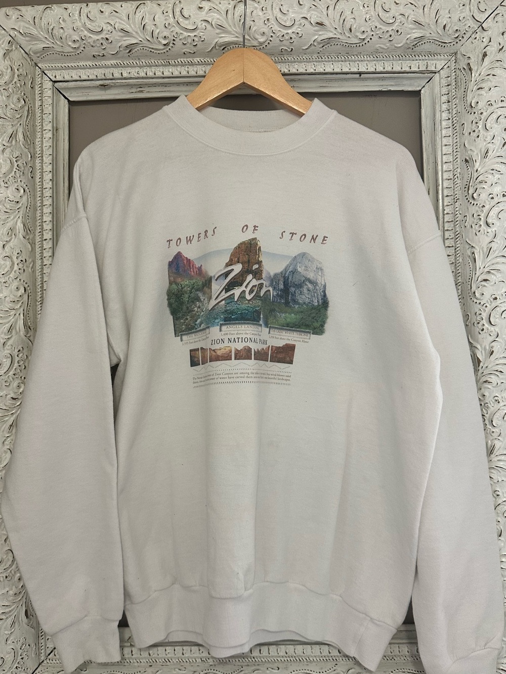 Vintage Hanes White Crewneck Sweatshirt with Zion 'Towers of Stone' Graphic